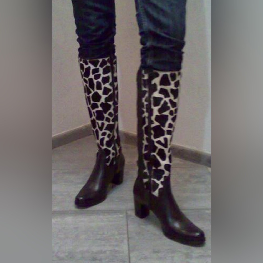 Diego di Lucca black Leather Calf Hair Zip Animal Print Boots Womens Sz 6.5 NWOB